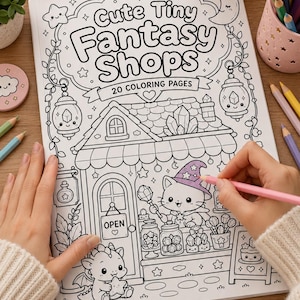 May include: A coloring book titled Cute Tiny Fantasy Shops with 20 coloring pages. The cover features a line art illustration of a shop with a cat wearing a wizard hat, a dragon, crystals, and lanterns. A pink pencil is coloring the hat.