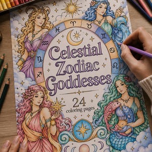 Peut inclure: Un livre de coloriage intitulé Celestial Zodiac Goddesses avec 24 pages à colorier. La couverture présente quatre déesses illustrées représentant les signes du zodiaque, une roue zodiacale centrale, une lune, des étoiles et des nuages colorés en bleu, rose et or.