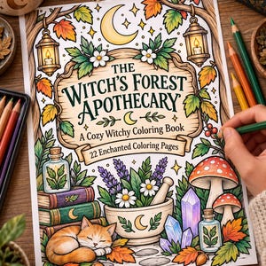 Może przedstawiać: Kolorowanka zatytułowana The Witch's Forest Apothecary A Cozy Witchy Coloring Book 22 Enchanted Coloring Pages z kolorową ilustracją śpiącego pomarańczowego kota, moździerza z tłuczkiem, grzybów, kryształów i latarni.