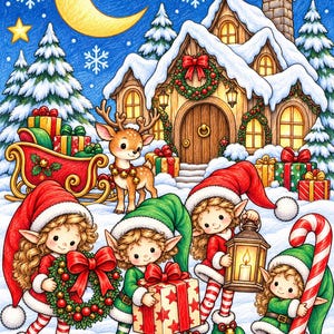 May include: A colorful illustration of four elves in red and green outfits standing in snow before a lit cabin. One elf holds a wreath, one a gift, one a lantern, and one a candy cane. A reindeer and a sleigh with gifts are nearby.