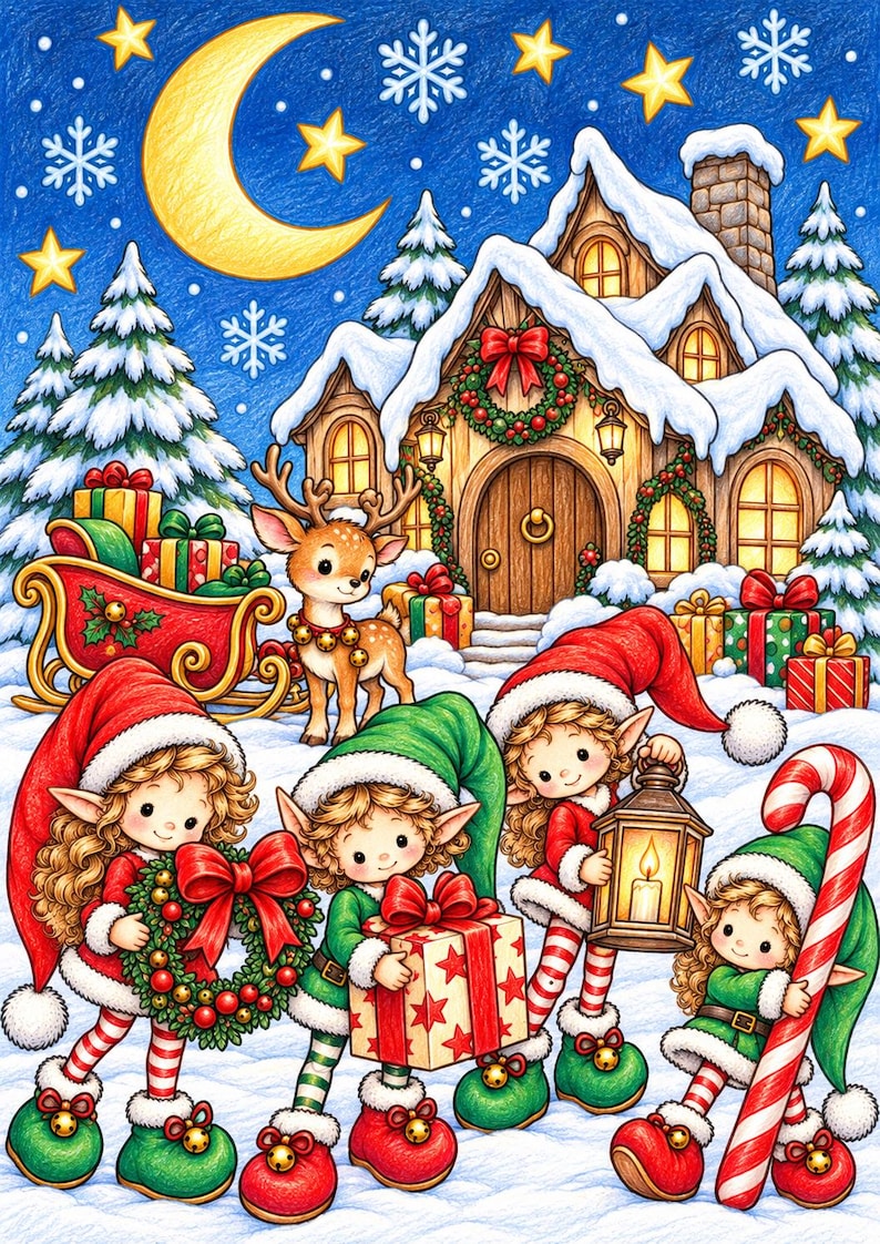May include: A colorful illustration of four elves in red and green outfits standing in snow before a lit cabin. One elf holds a wreath, one a gift, one a lantern, and one a candy cane. A reindeer and a sleigh with gifts are nearby.