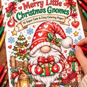 May include: A coloring book titled Merry Little Christmas Gnomes with 10 Super Cute & Cozy Coloring Pages. The cover features a gnome in a red hat with white hearts, holding a green gift, surrounded by a Christmas tree, lantern, and bows.