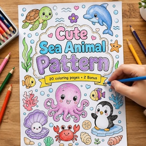 Peut inclure: Une page de livre de coloriage intitulée Cute Sea Animal Pattern avec 20 pages de coloriage et 2 bonus. La page présente des illustrations d'une tortue verte, d'un dauphin bleu, d'une pieuvre rose, d'un pingouin, d'un crabe et de divers coquillages.