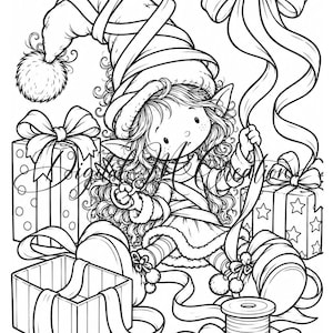 May include: A black and white line art illustration of a character with long curly hair wearing a tall pointed hat with a pom-pom, surrounded by wrapped gift boxes, ribbons, a spool of ribbon, and a large bow, with a watermark overlay.