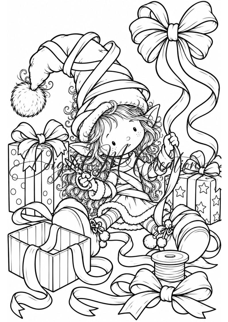 May include: A black and white line art illustration of a character with long curly hair wearing a tall pointed hat with a pom-pom, surrounded by wrapped gift boxes, ribbons, a spool of ribbon, and a large bow, with a watermark overlay.