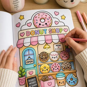 May include: A coloring book page featuring a cartoon donut shop with a pink striped awning, a blue door, and shelves filled with smiling donuts. A small chalkboard sign reads DONUT WORRY BE HAPPY. The shop sign reads DONUT SHOP with hearts.