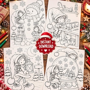 May include: Four black and white coloring pages featuring Christmas elves in various winter scenes, including building a snowman, playing with toys, holding a lantern, and looking at a snow globe, with a red badge reading INSTANT DOWNLOAD.