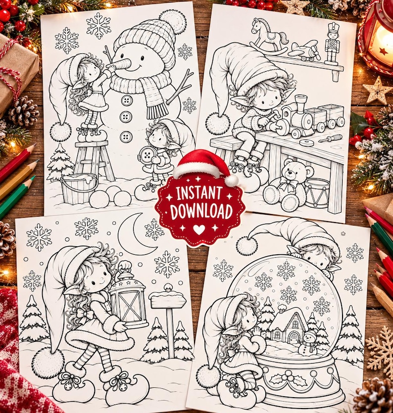 May include: Four black and white coloring pages featuring Christmas elves in various winter scenes, including building a snowman, playing with toys, holding a lantern, and looking at a snow globe, with a red badge reading INSTANT DOWNLOAD.