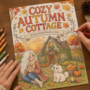 May include: A coloring book titled Cozy Autumn Cottage with 22 Cozy Cottage Moments to Color, featuring an illustration of a person with long hair, a white dog, and a cottage surrounded by autumn leaves, pumpkins, and trees on the cover.