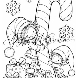 May include: A black and white line art coloring page featuring two elves hugging a large candy cane. The scene includes two wrapped gift boxes with bows, a small sack of candy, and three snowflakes. The text Digital M Creations is visible.