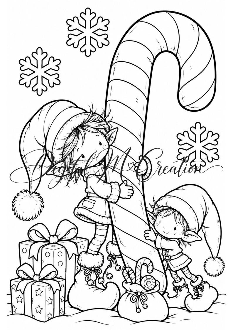 May include: A black and white line art coloring page featuring two elves hugging a large candy cane. The scene includes two wrapped gift boxes with bows, a small sack of candy, and three snowflakes. The text Digital M Creations is visible.
