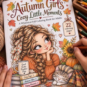 以下が含まれることがあります： 「Autumn Girls Cozy Little Moments」というタイトルの塗り絵。長いウェーブのかかった髪の人物、マグカップ、本の山、眠っている猫、ひまわり、カボチャ、秋の葉が描かれた漫画風のイラストが表紙にデザインされています。