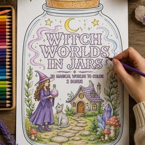 Peut inclure: Une page de livre de coloriage intitulée Witch Worlds in Jars représentant le contour d'un grand bocal en verre contenant une sorcière en robe et chapeau violets, un chat, une petite maison, des champignons et des cristaux. Le texte indique Witch Worlds in Jars 20 Magical Worlds to Color 2 Bonus.