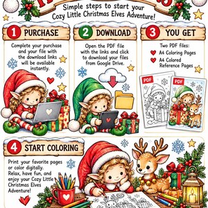 May include: An instructional infographic titled HOW IT WORKS detailing four steps for a digital download. It features illustrations of elves in red and green hats, Christmas gifts, snowflakes, and stars. The text explains the purchase, download, and coloring process for A4 PDF files.