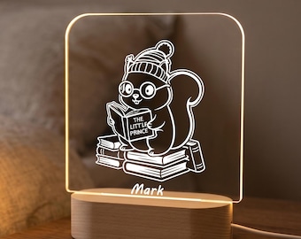 Personalized Squirrel Night Light for Son, Little Prince Lover Gift, Kids Bedroom Decor, Nursery Gift for Grandson