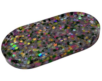 Multicolored Holographic Weed Leaf Confetti Resin Tray, Jewelry Dish, Ring Holder, Vanity Decor