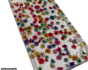 Clear Glitter Catchall Tray With Multicolored Flowers, Resin Jewelry Dish, Vanity Decor