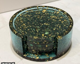 Sage Green Gold Flake Resin Coaster Set with Holder | Modern Decor