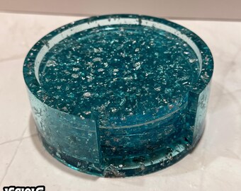 Light Blue Silver Flake Resin Coaster Set with Holder | Modern Decor | Housewarming Gift