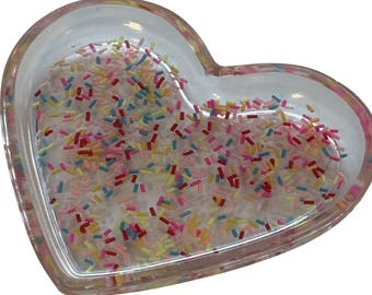Clear Heart Resin Tray with Sprinkles, Jewelry Dish, Ring Holder, Vanity Decor
