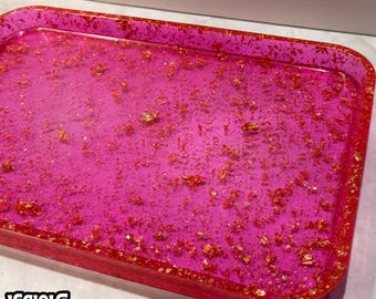 Hot Pink Resin Tray Gold Leaf Flake, Statement Catchall, Jewelry Dish, Vanity Decor