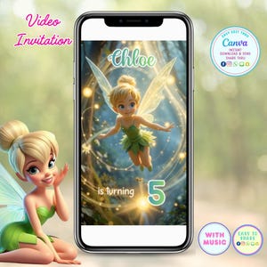 May include: A smartphone displaying a digital video invitation featuring a blonde fairy with wings in a forest setting. The screen shows the text Chloe is turning 5. A matching fairy illustration appears outside the phone screen on the left.