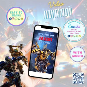 May include: A digital video invitation featuring a Transformers theme. The invitation on a smartphone screen reads "Let's Unite for Jaxon is Turning". Additional text includes "Easy to Share", "Easy Edit Thru Canva", and "With Music". The background features Transformers characters and a cityscape.