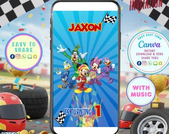 Mickey Roadster Racers verjaardagsfeestje video-uitnodiging canvas | Geanimeerde digitale uitnodigingssjabloon digitale download