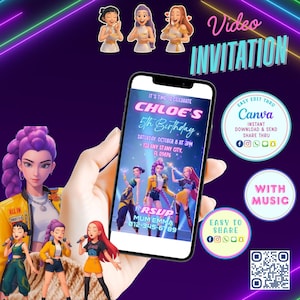Op de afbeelding: Een digitale video-uitnodiging voor Chloe's 5e verjaardag, gehouden op 8 oktober. Het ontwerp toont geanimeerde personages en de tekst "Video Invitation". De uitnodiging is eenvoudig te bewerken via Canva en te delen via sociale media.