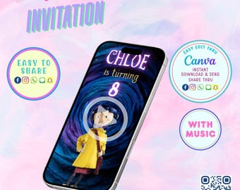Redigerbar Coraline-videoinbjudan Canva, Coraline-födelsedagsinbjudan animerad, Coraline-födelsedagsfest Evite, digital Coraline-festinbjudan