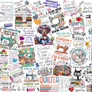 Könnte beinhalten: Eine Collage mit Näh-Themen, Bildern und Texten. Enthält Nähmaschinen, Garnrollen, Stoffballen und Texte wie "Quilter schneiden nie Ecken" und "Ich nähe lieber." Die Farbpalette ist eine Mischung aus Pastelltönen und leuchtenden Farben.