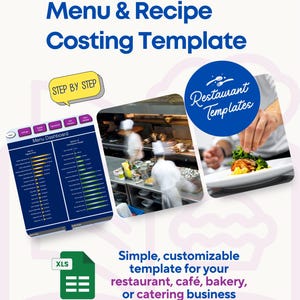May include: A promotional image for a restaurant menu and recipe costing template. The image features the text "Menu & Recipe Costing Template" in blue, along with a "STEP BY STEP" callout. It also includes a spreadsheet, a kitchen scene, and a plate of food.