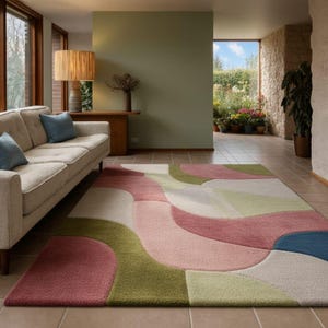 Hand Tufted Modern Abstract Wool Area Rug, Pink Green Pastel Wave Pattern Rug, High Pile 3D Carved Living Room Carpet, Custom Aesthetic Rug