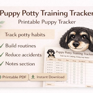 May include: A printable puppy potty training tracker with a cute puppy illustration. The tracker helps to track potty habits, build routines, and reduce accidents. Includes a notes section and is available for instant download.