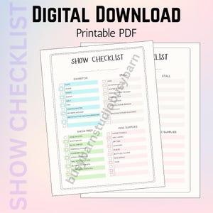 May include: Digital download of a printable PDF show checklist. The checklist includes sections for exhibitors, show prep, stall, and miscellaneous supplies. The text is in black, blue, and green on a white background.