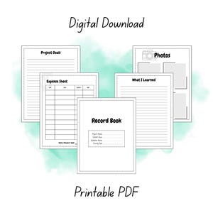 Puede incluir: Una descarga digital con páginas PDF imprimibles para la planificación de proyectos. Incluye páginas para objetivos del proyecto, hojas de gastos, un libro de registro y secciones de fotos. Se muestra el texto "Digital Download" y "Printable PDF".