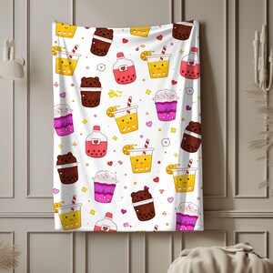 Schattig kawaii drinkfluwelen deken, bubble tea koffie plaid, gezellig cadeau