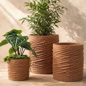 Wooden Waves Ribbed Planter with Water Tray, 5 Size Options, 34 Color Options