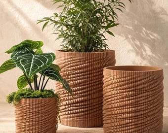 Wooden Waves Ribbed Planter with Water Tray, 5 Size Options, 34 Color Options