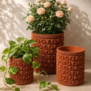 Prismic Ribbed Planter with Water Tray, 5 Size Options, 34 Color Options