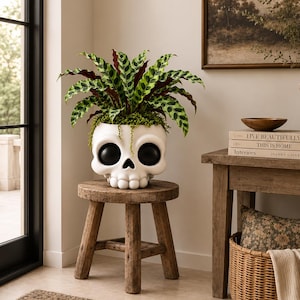 May include: A white skull-shaped planter with large, smooth black eye sockets, containing a vibrant green and dark-patterned rattlesnake plant with long, pointed leaves and a small, trailing green plant spilling over the front edge.