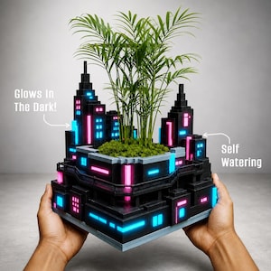 Cyberpunk City Planter with Neon Glow-in-the-Dark Accents, Self-Watering Planter, 3 Sizes