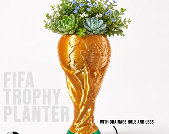 Gold FIFA Trophy Planter + Drip Tray, Soccer World Cup Plant Pot, Sports Fan Decor