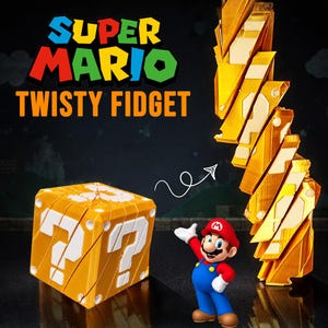 May include: A Super Mario Twisty Fidget toy in the shape of a yellow question mark block. The image also features a gold-colored, twisting toy and a Mario figurine. The text "SUPER MARIO TWISTY FIDGET" is displayed in colorful letters.