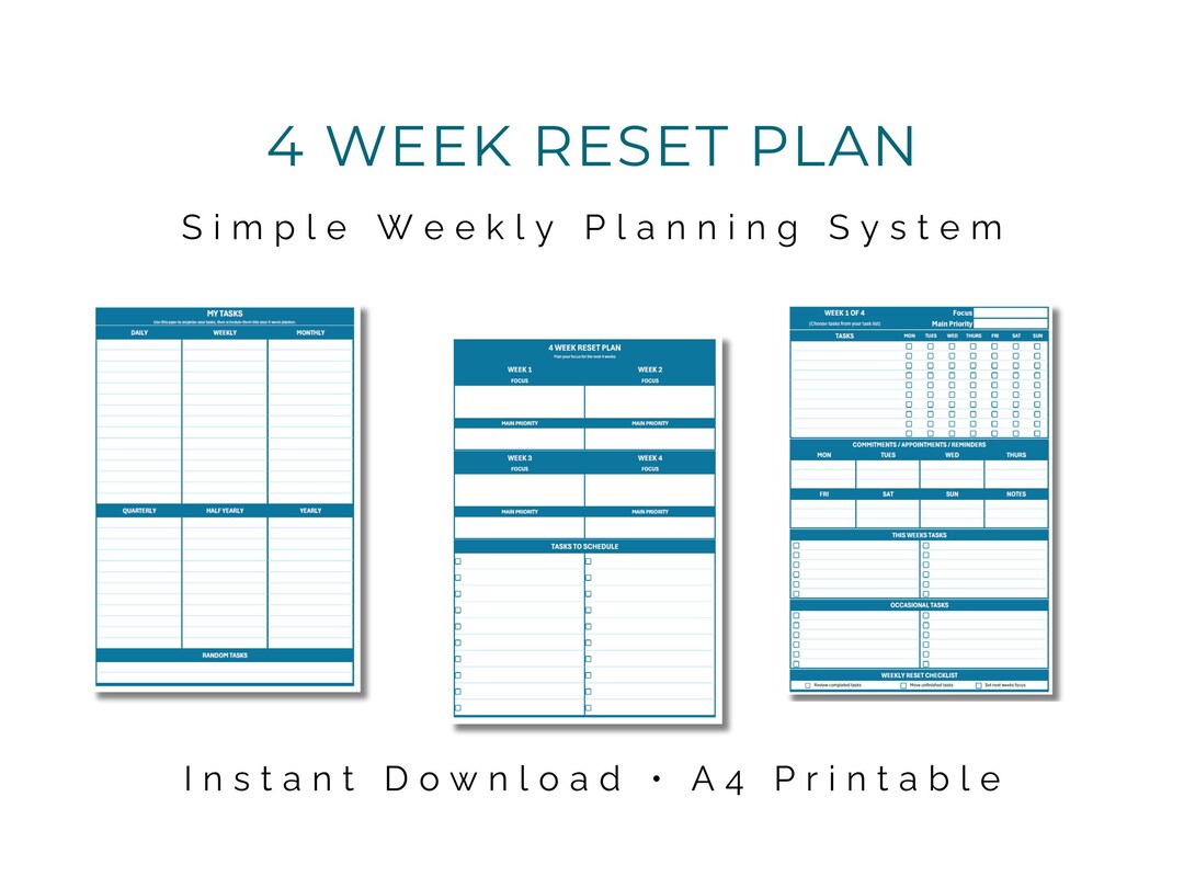 4 Week Planner Printable | Weekly Planner & Task List | Reset and ...
