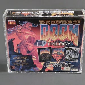 May include: A clear plastic case containing "The Depths of Doom Trilogy" CD-ROM set. The box art features a demonic figure and the game's title in bold, fiery letters. Includes the text "Best Game of All Time."