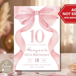 Pink Bow 10th Birthday Invitation Template, Coquette Girl Party Invite, Editable Canva Design