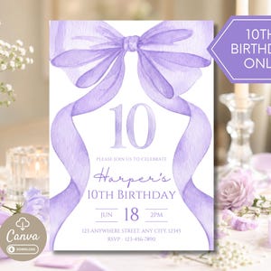 May include: A rectangular birthday invitation card featuring a large, light purple watercolour bow at the top with flowing ribbons. The text reads 10, Harper's 10th Birthday, Jun 18, 2pm, 123 Anywhere Street, Any City, 12345, and RSVP: 123-456-7890.