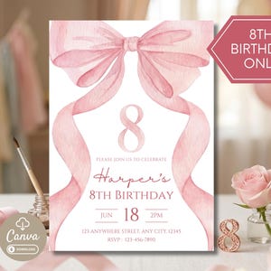 Könnte beinhalten: Eine rechteckige Einladungskarte mit einer großen, zartrosa Aquarellschleife oben und Bändern, die an den Seiten herabhängen. Der Text lautet 8, Harper's 8th Birthday, Jun 18, 2pm, 123 Anywhere Street, Any City, 12345, und RSVP: 123-456-7890.