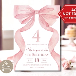 Pink Bow 4th Birthday Invitation Template, Coquette Girl Party Invite, Editable Canva Design